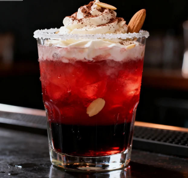 Almond Cocoa Cocktail - Red specialty cocktail with whipped cream, almond 
